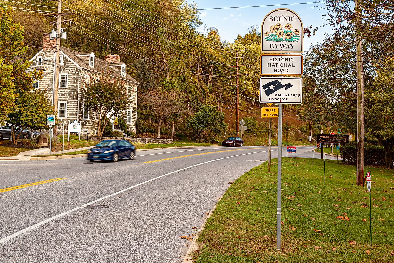 The Historic National Road sign in Maryland. Image credit: grandbrothers / Shutterstock.com.