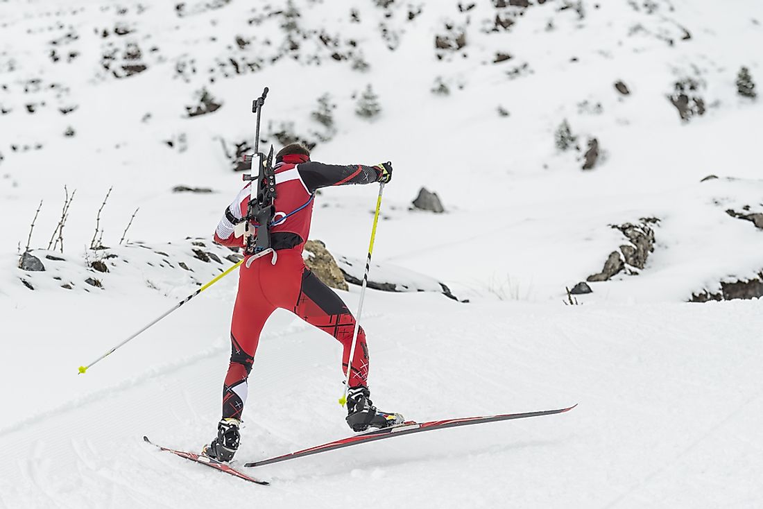 An athlete participating in a Biathlon event. 