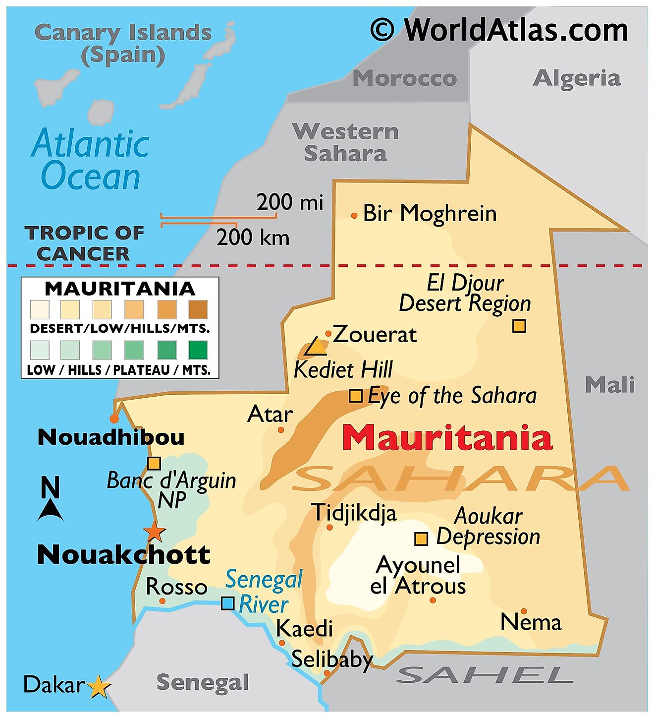 Physical Map of Mauritania with state boundaries, relief, desert features, highest peak, and more.