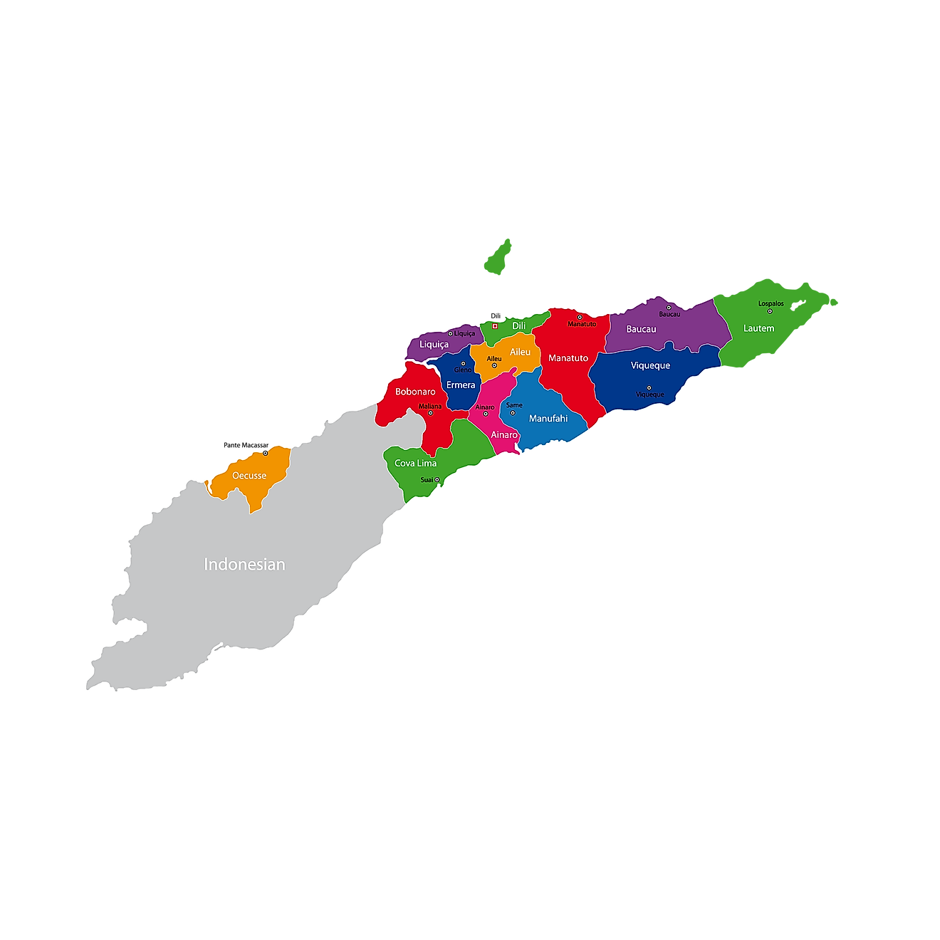 Political Map of Timor Leste showing the 13 municipalities, their capitals, and the national capital of Dili.