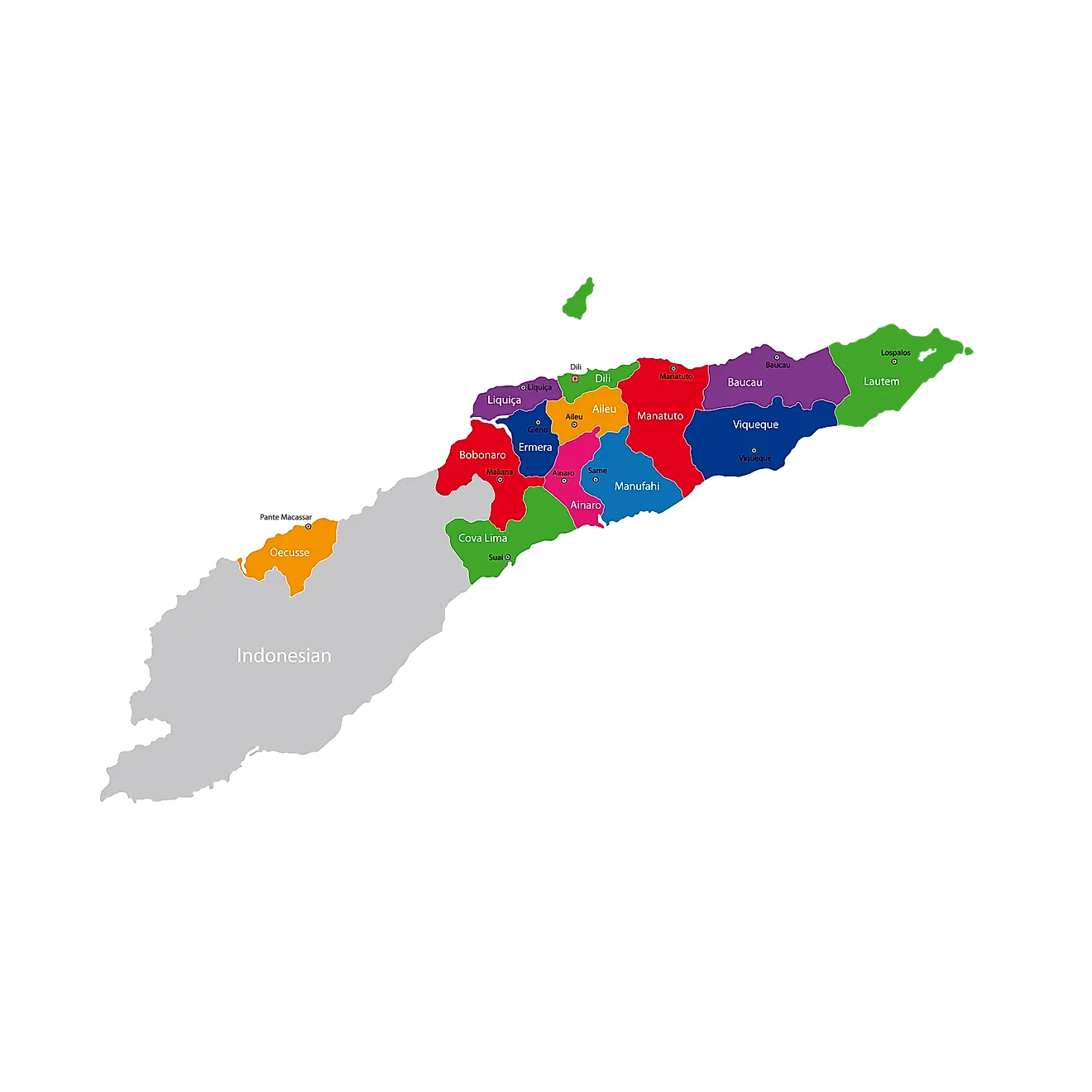 Political Map of Timor Leste showing the 13 municipalities, their capitals, and the national capital of Dili.