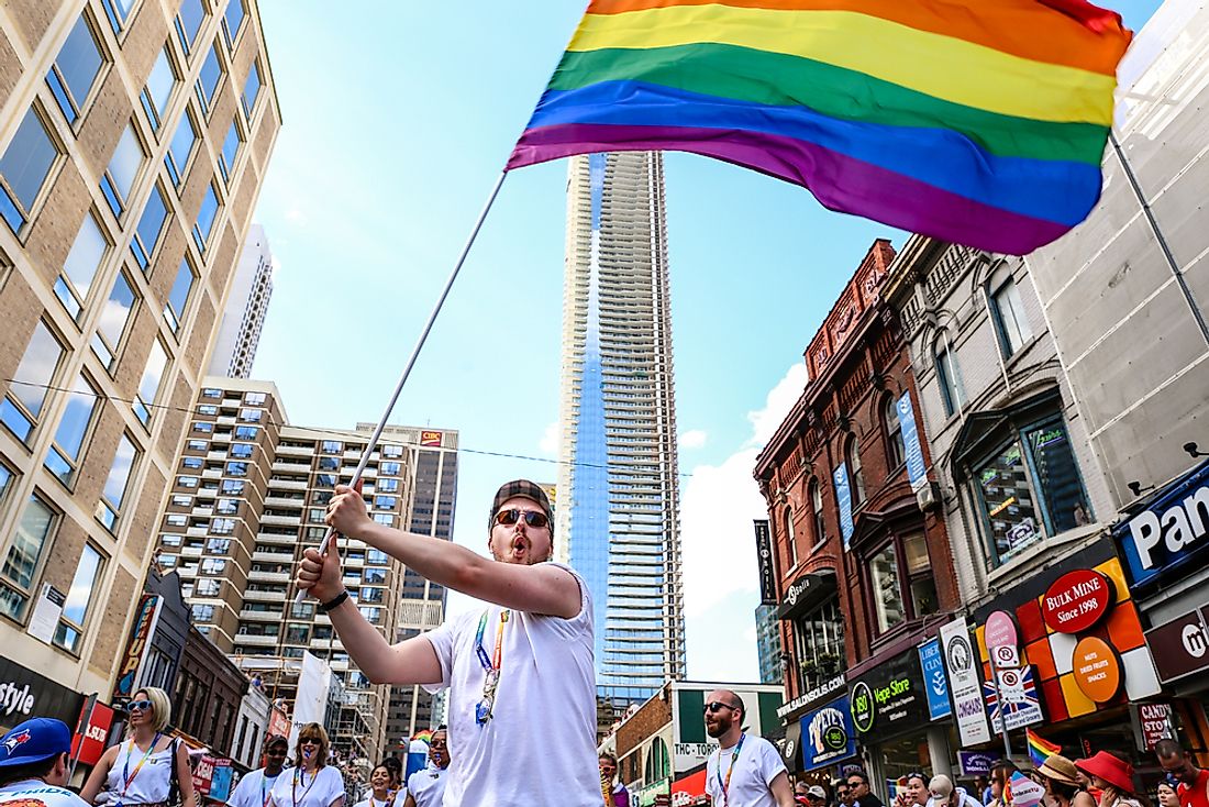 Toronto's world-famous pride parade makes its way down Yonge Street. Credit: Shawn Goldberg / Shutterstock.com