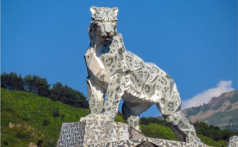A statue of a snow leopard on entrance to national park in Almaty, Kazakhstan.