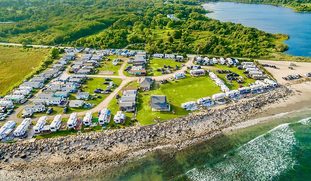 Aerial view of a large campground along the coast in Little Compton, Rhode Island.