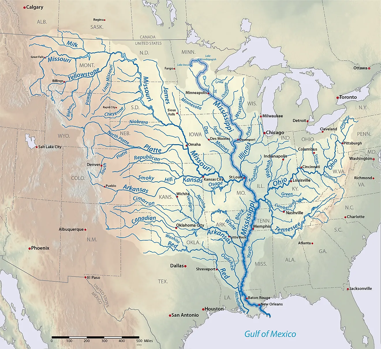 The Mississippi drainage basin includes the Missouri and the Mississippi rivers, the two longest main-stem rivers in the United States, By Shannon1 - Own work, https://creativecommons.org/licenses/by-sa/4.0, https://commons.wikimedia.org/w/index.php?curid