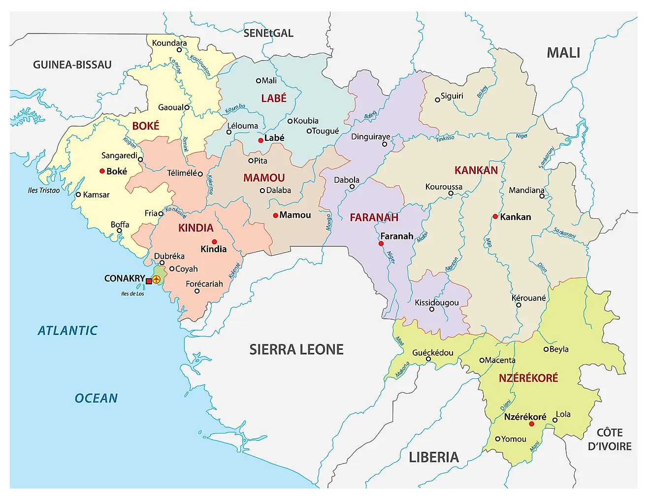 Political Map of Guinea showing the seven administrative regions, their capitals, and the national capital of Conakry.