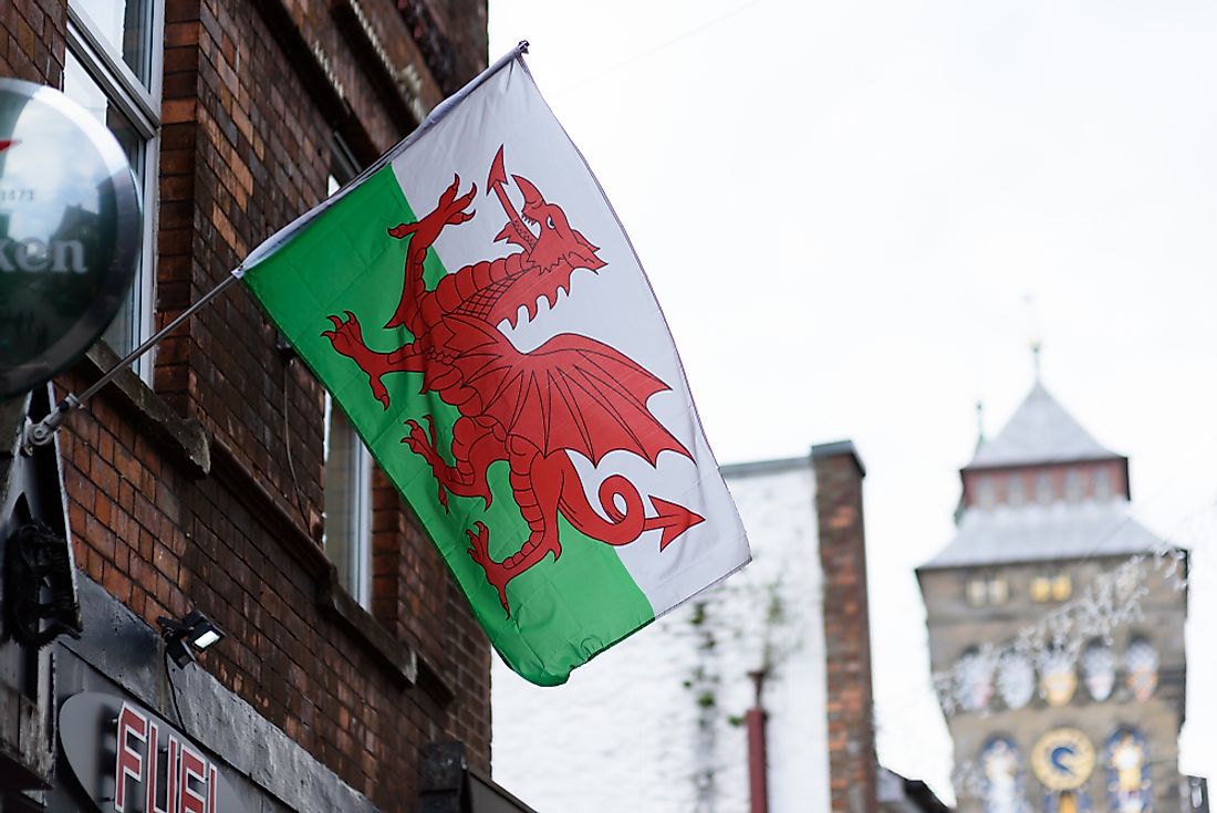 The flag of Wales is notable for featuring a dragon in its design. Editorial credit: steved_np3 / Shutterstock.com.