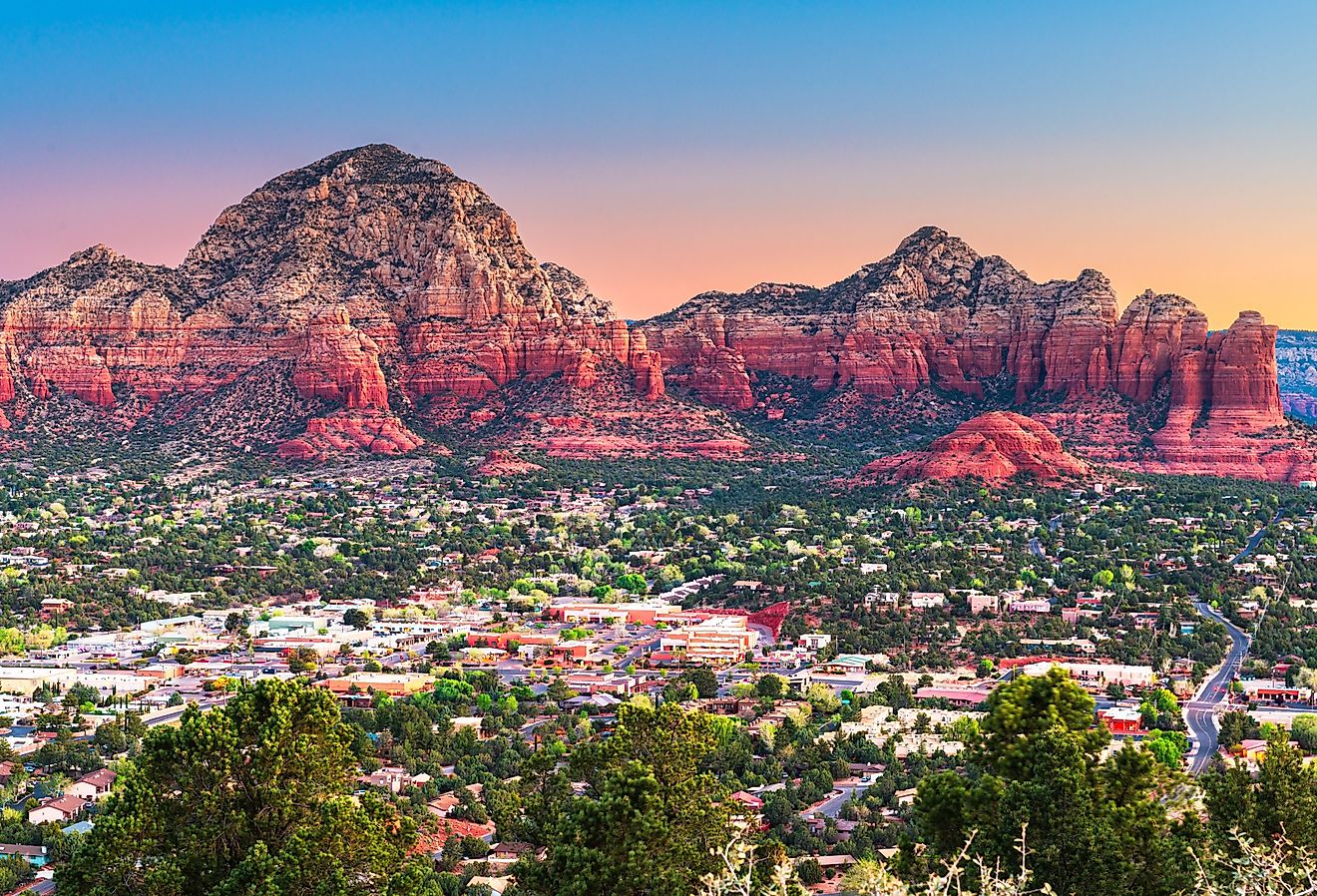 Sedona, Arizona, USA downtown cityscape and mountains. 