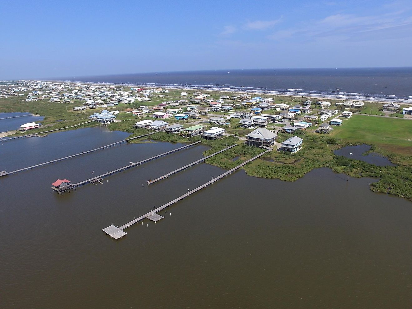 Aerial view of the coast along Grand Isla, Louisiana.