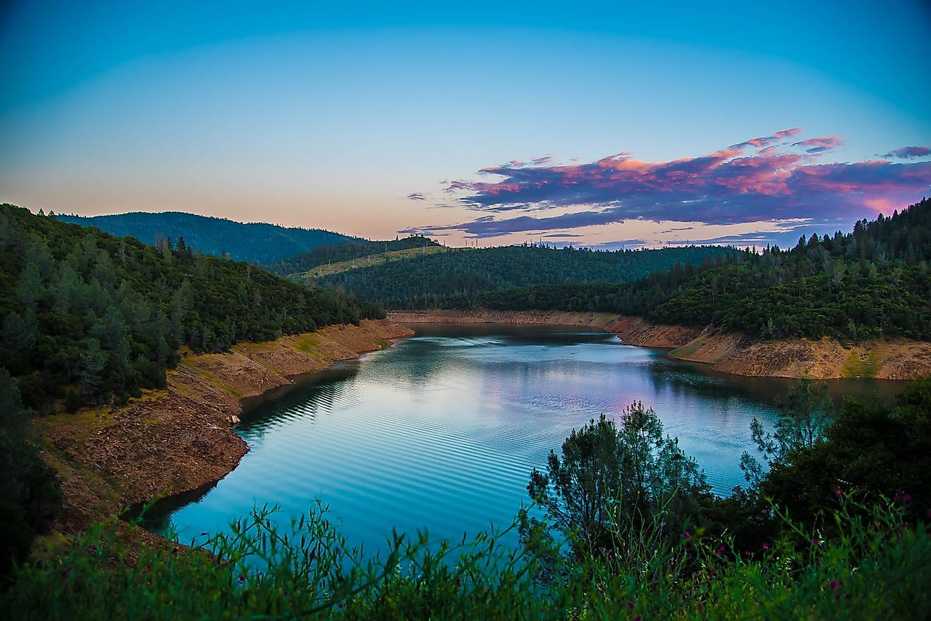 Aerial view of Lake Oroville at dusk. 