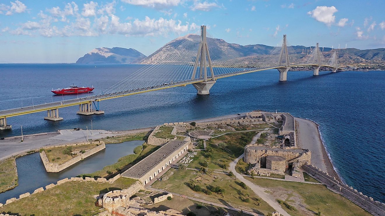 Aerial drone photo of the bridge of Harilaos Trikoupis crossing the Corinthian Gulf in Greece.