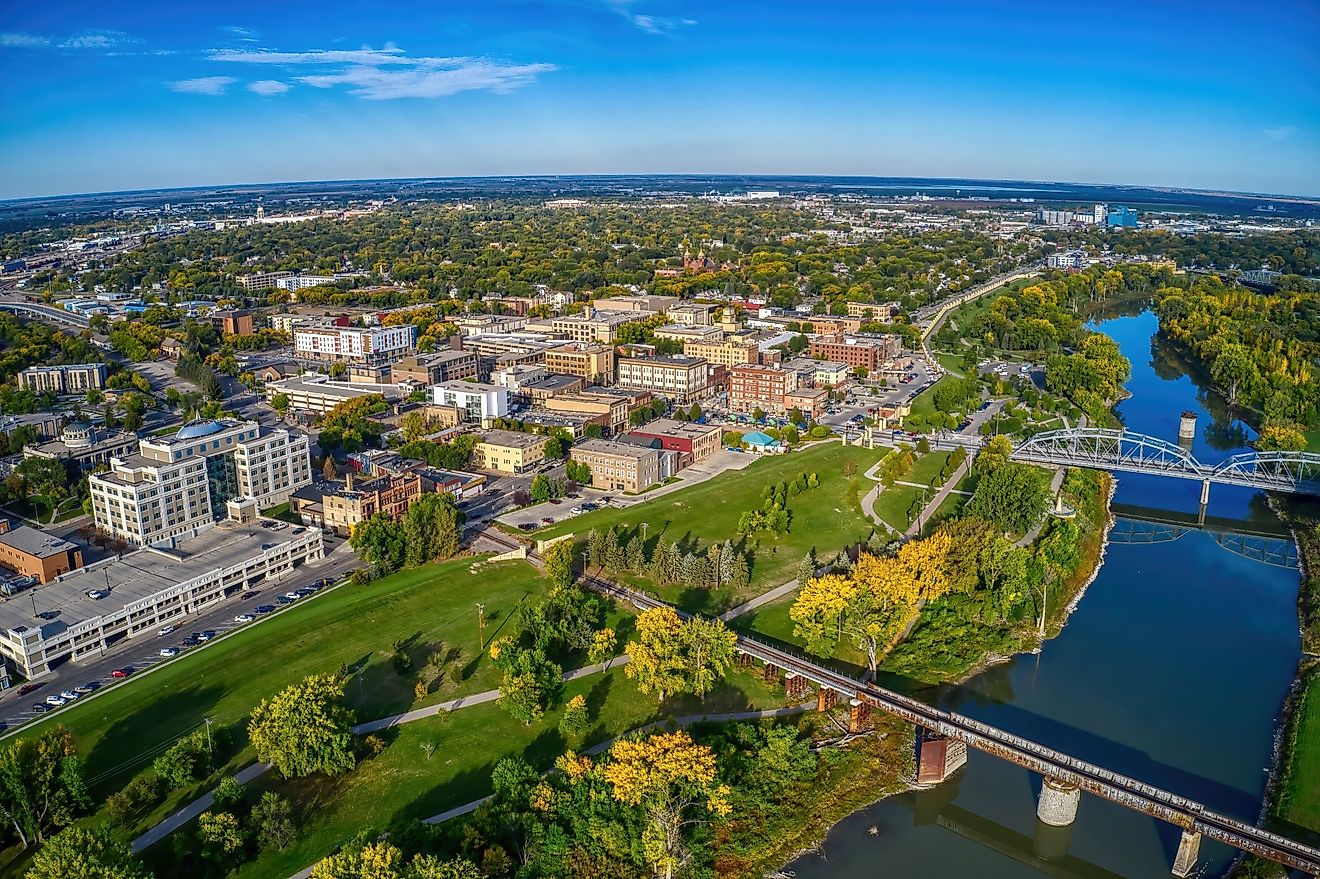 Aerial view of Grand Forks, North Dakota, in autumn. 