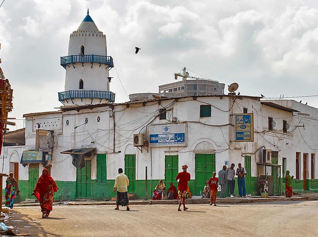 A view of a main street in Djibouti with a mosque at its center. Editorial credit: Truba7113 / Shutterstock.com.