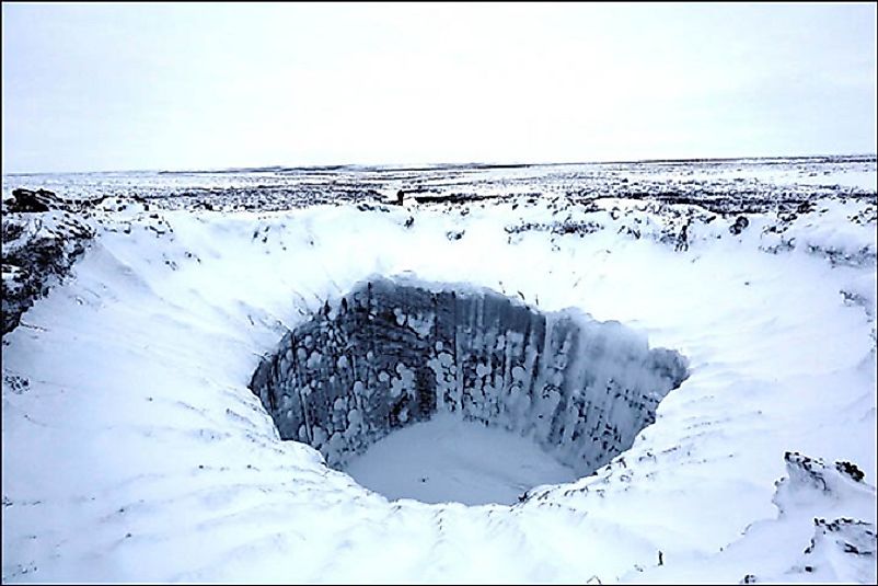 Methane blowhole photographed in Siberia by members of the Russian Center for Arctic Exploration.