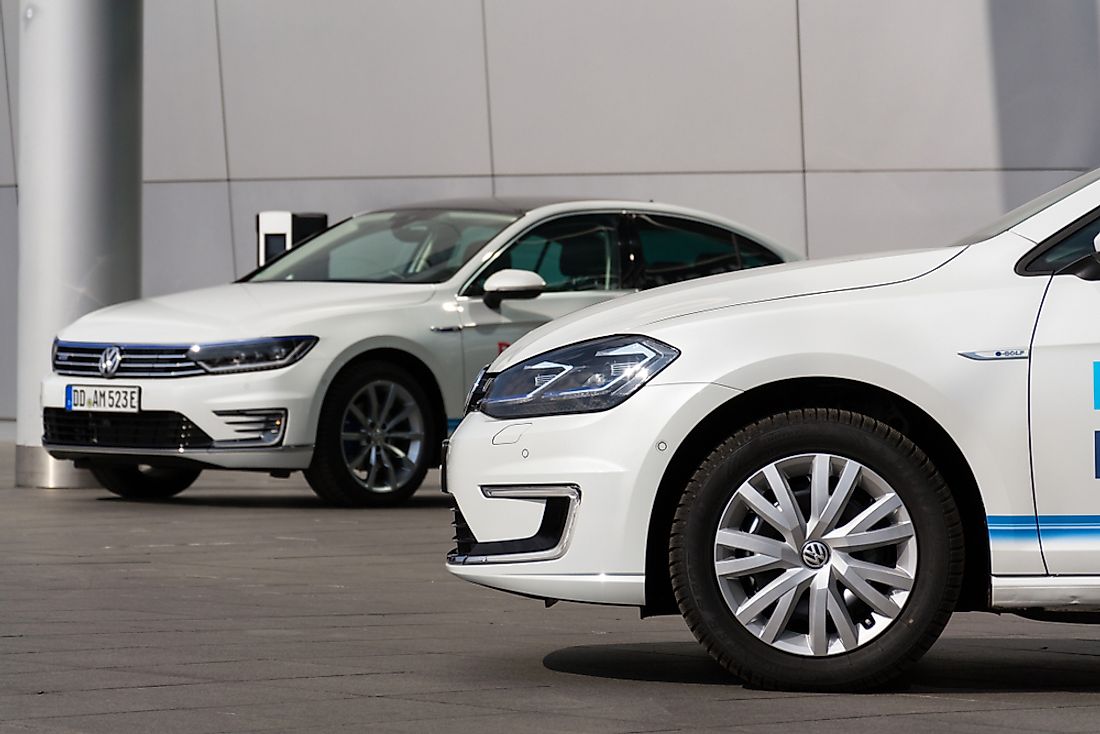 Volkswagen cars sit in front of a factory in Dresden, Germany. Editorial credit: josefkubes / Shutterstock.com.