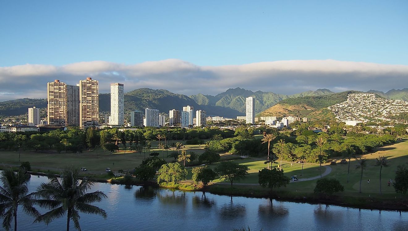 East Honolulu skyline with Ala Wai Canal in foreground. 