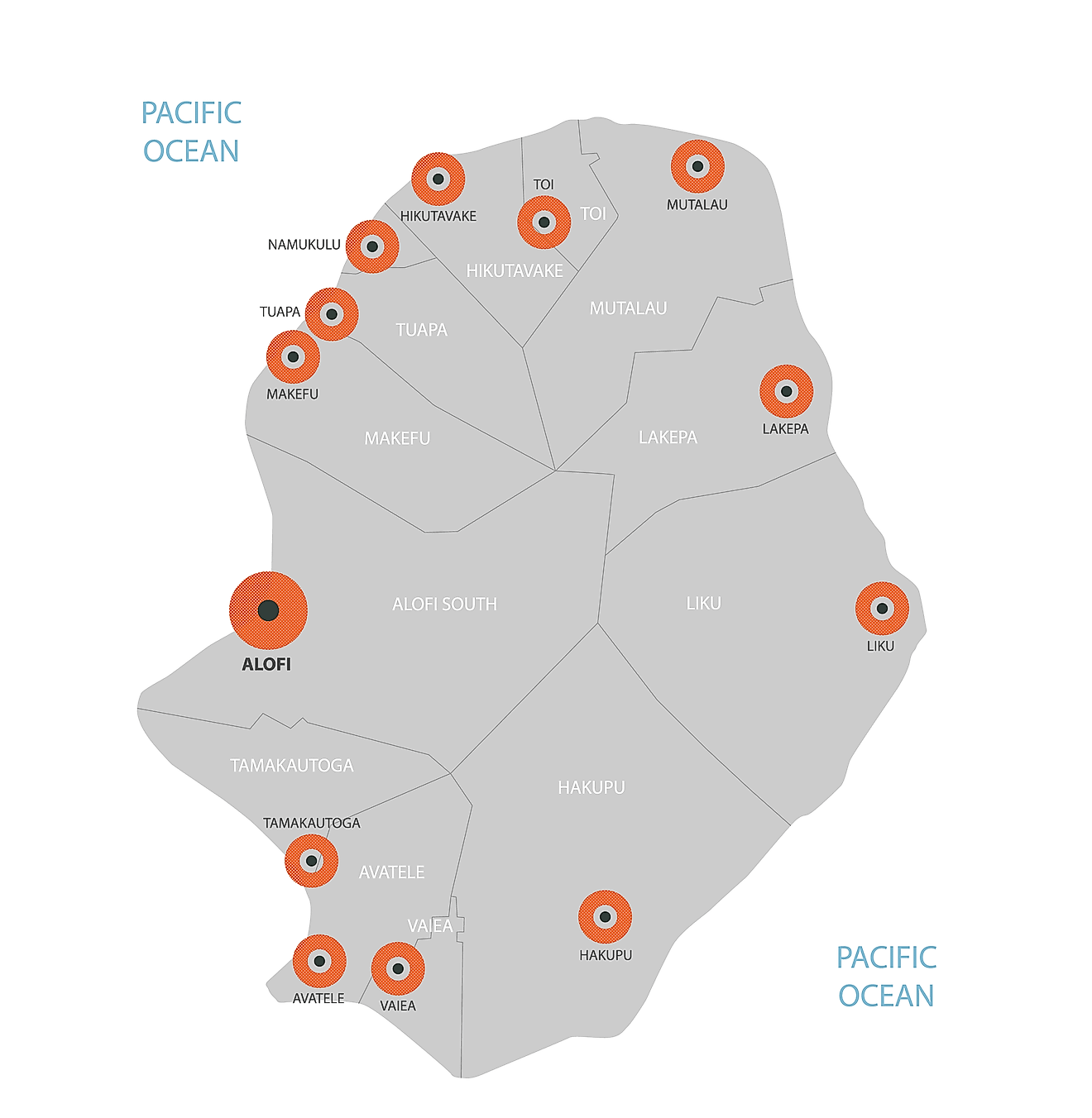 Political Map of Niue showing its villages and the capital Alofi