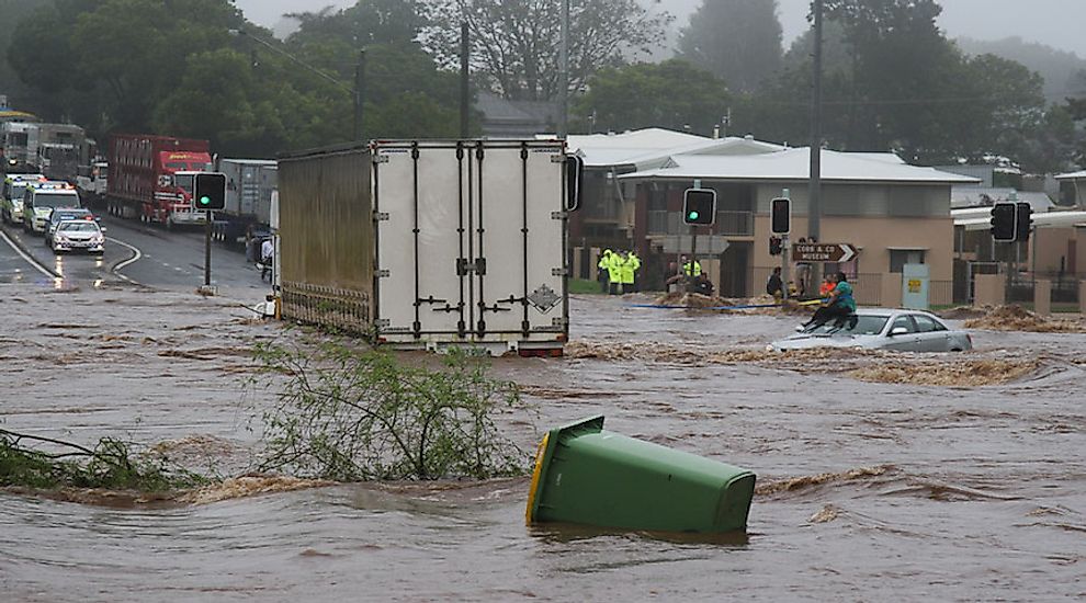 Trapped woman on a car roof during flash flooding in Toowoomba, Australia.