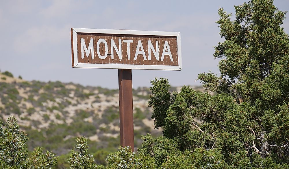 State boundary sign at the Wyoming-Montana border in the Bighorn Mountains.