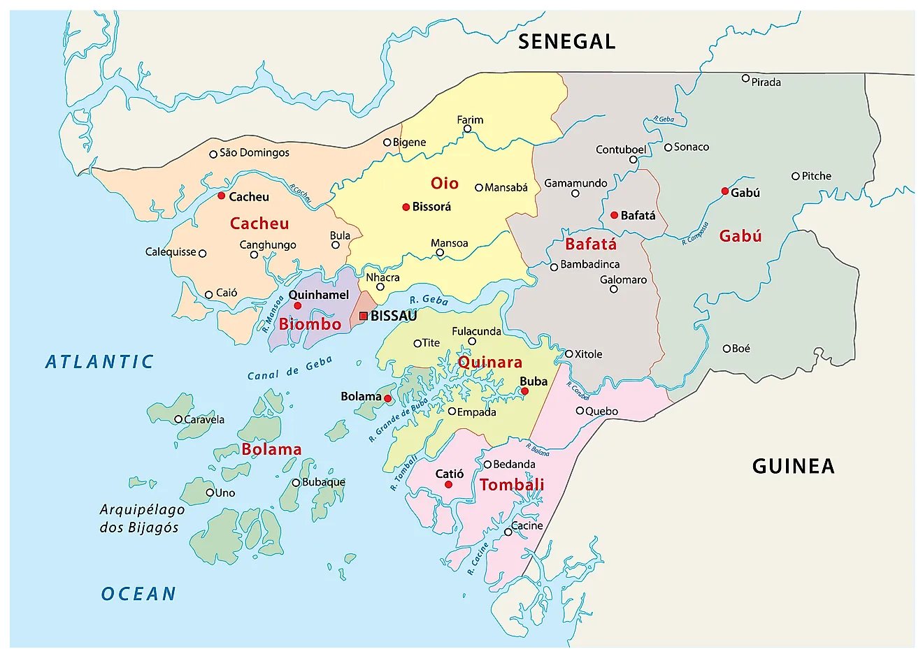 Political Map of Guinea-Bissau displaying its eight regions and their capitals and the autonomous sector of Bissau, the national capital.