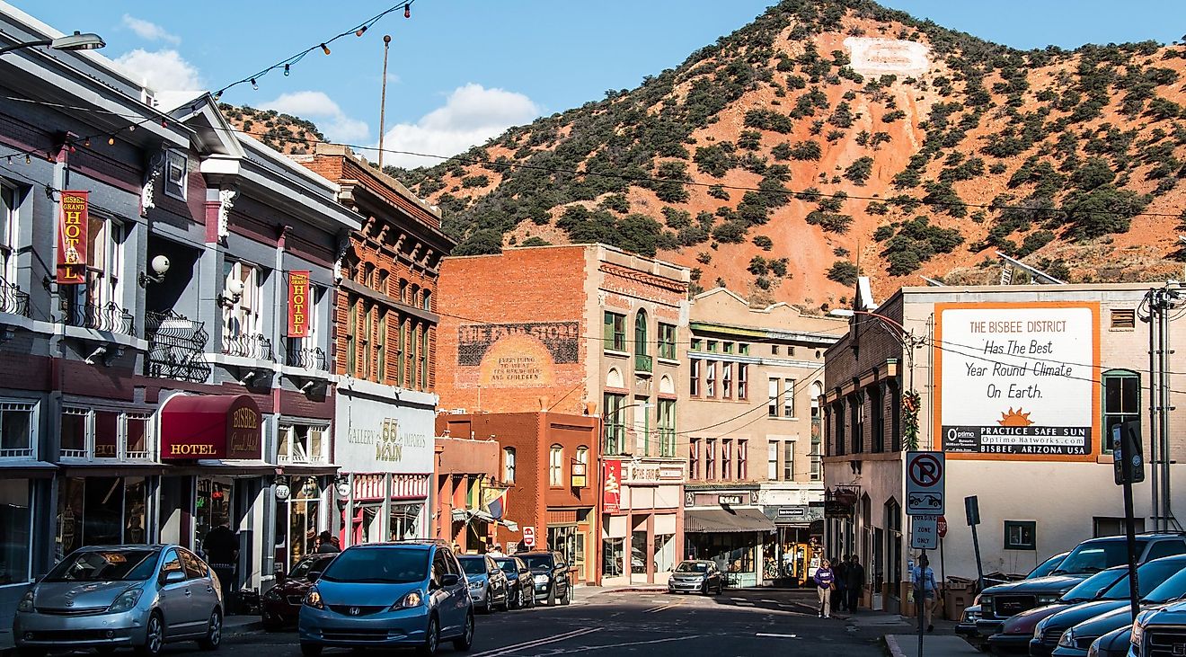  Downtown Bisbee, Arizona, and the large "B" on the hillside behind it, shot during late afternoon. Editorial credit: Atomazul / Shutterstock.com