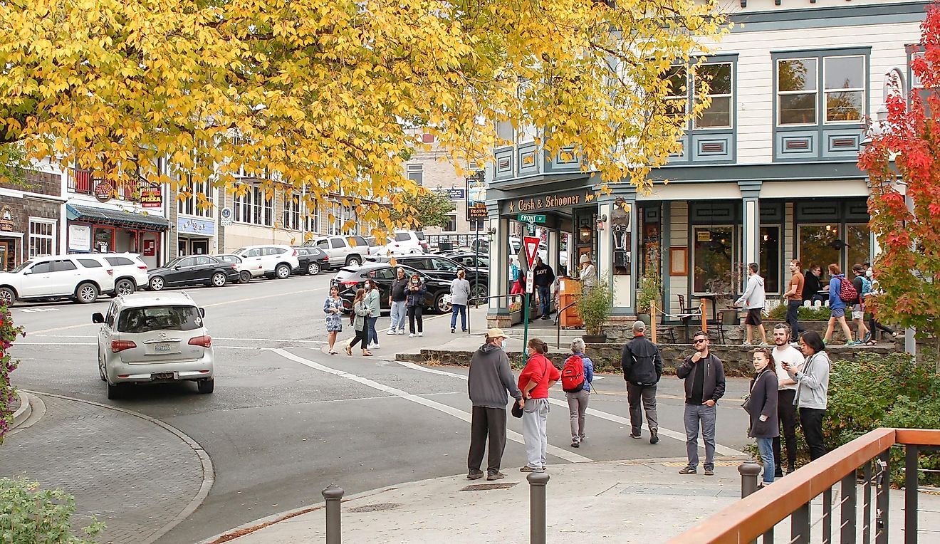 Friday Harbor, Washington, United States - 09-11-2021: A view of the traffic circle on Front Street and Spring Street.