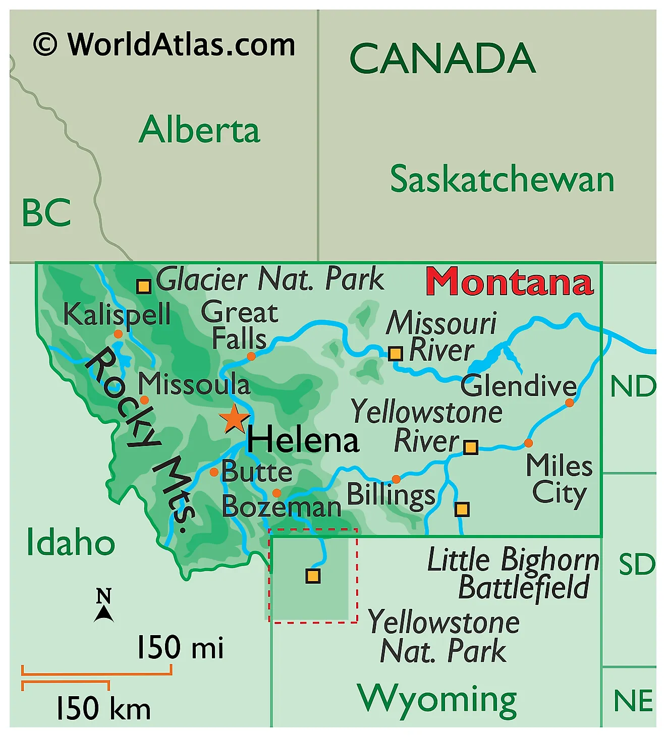 Physical Map of Montana. It shows the physical features of Montana including its mountain ranges and major rivers. 