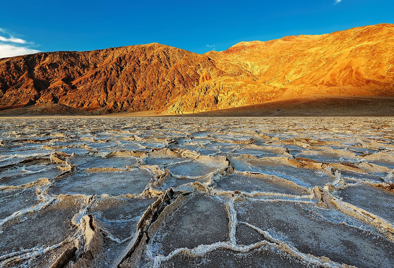 Badwater Basin at sunset in Death Valley National Park, California.