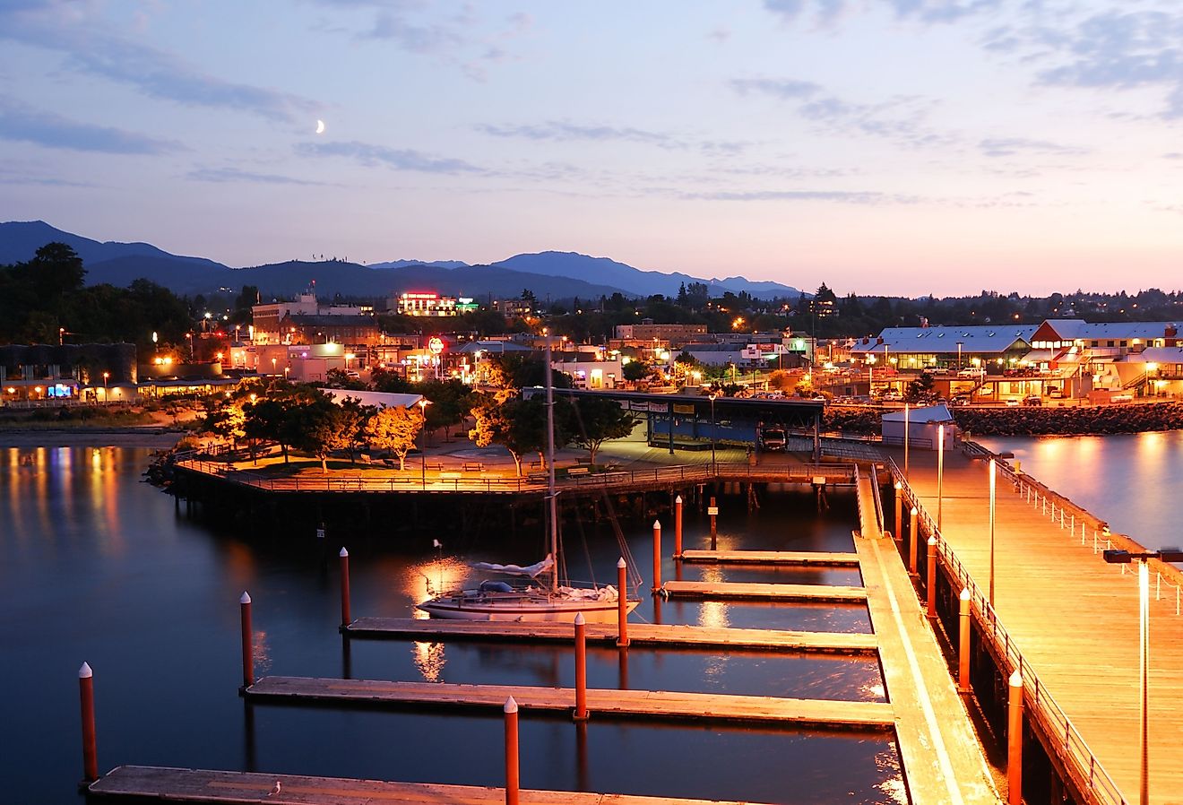 Night scene of Port Angeles in Washington state.