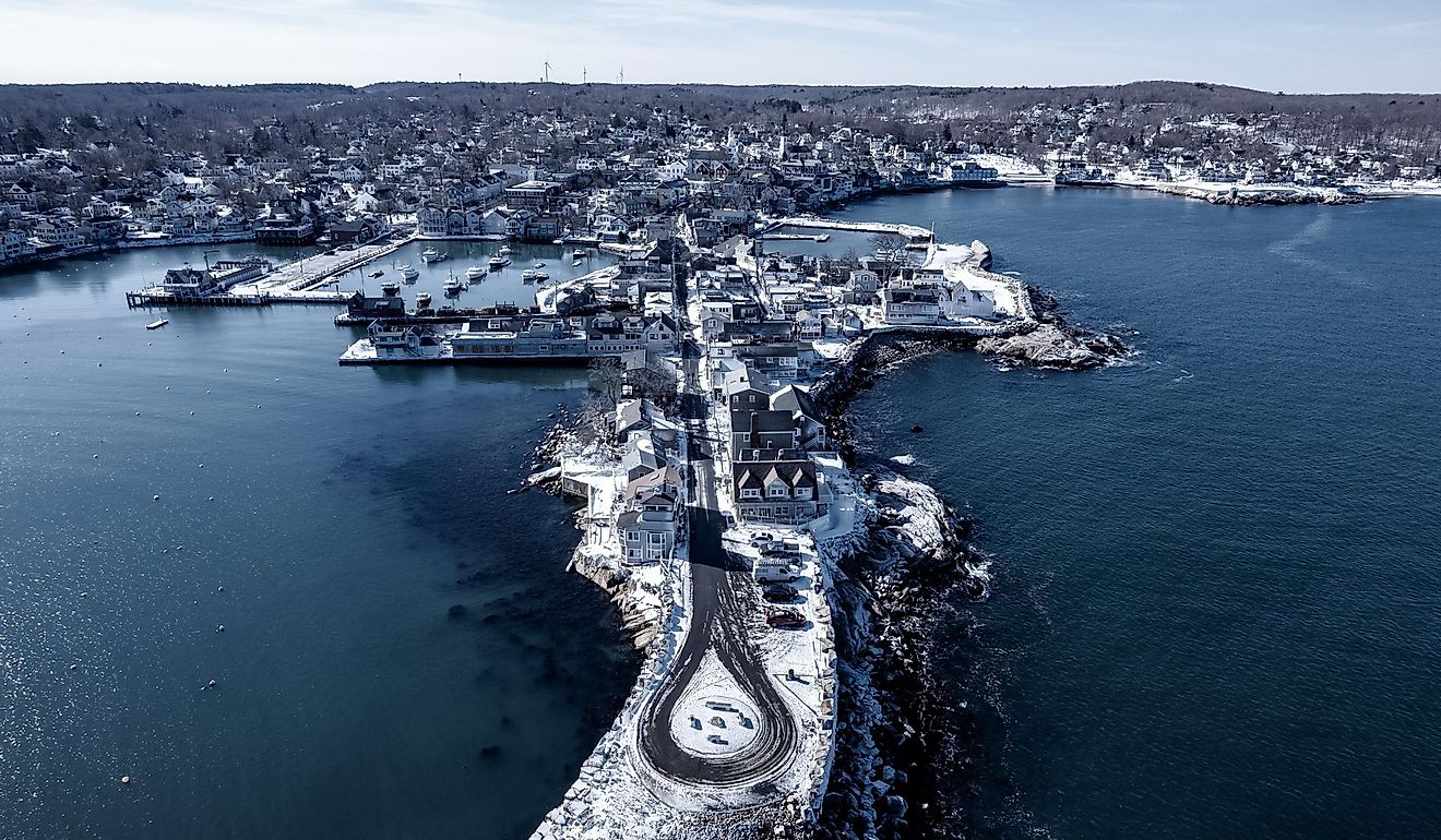 Aerial winter view of Rockport, Massachusetts.