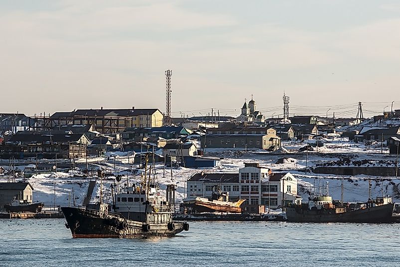 Busy fishing harbors, such as this one near Yuzhno-Kurilsk, Russia, serve as an economic lifeblood for the Kuril Islands' economy.