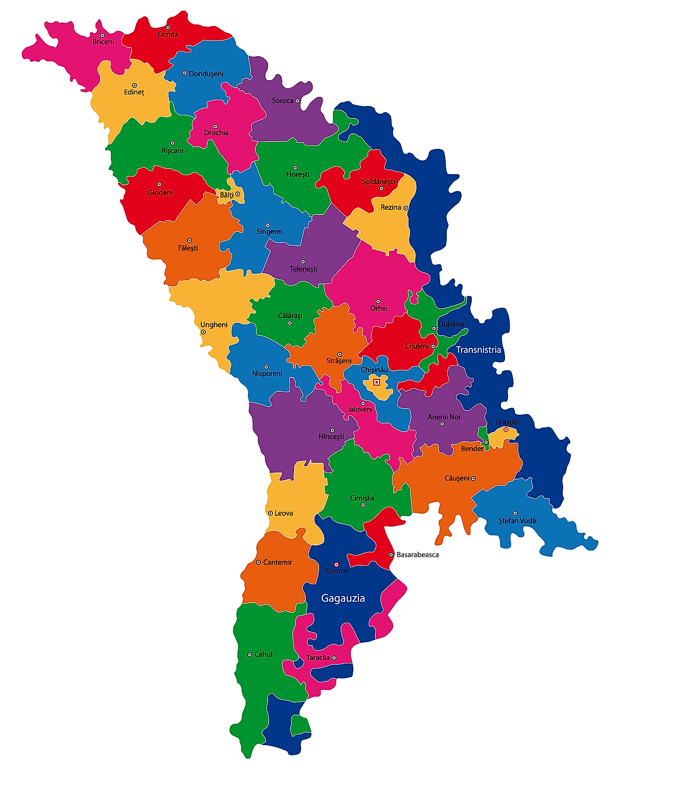 Mapa político de Moldavia que muestra sus 32 raiones y la ciudad capital de Chisinau.