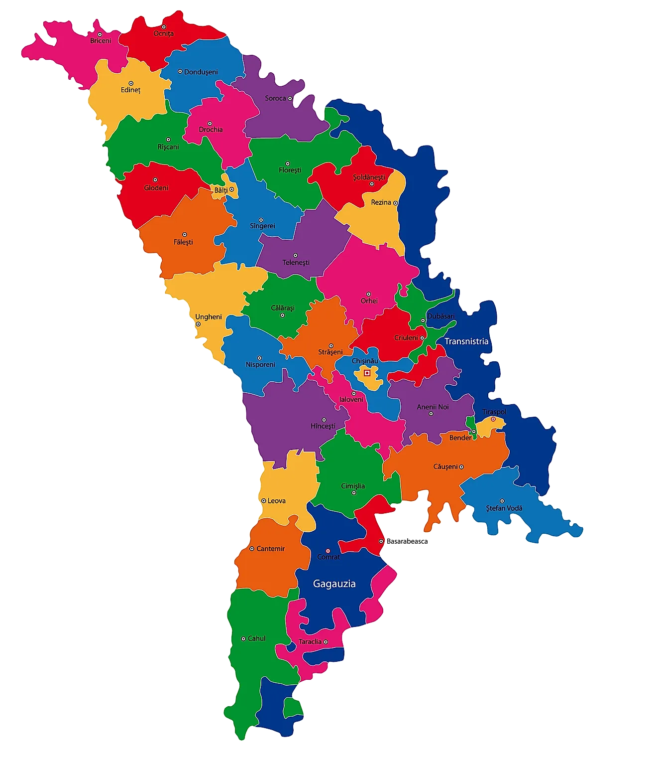 Political Map of Moldova showing its 32 raions and the capital city of Chisinau.