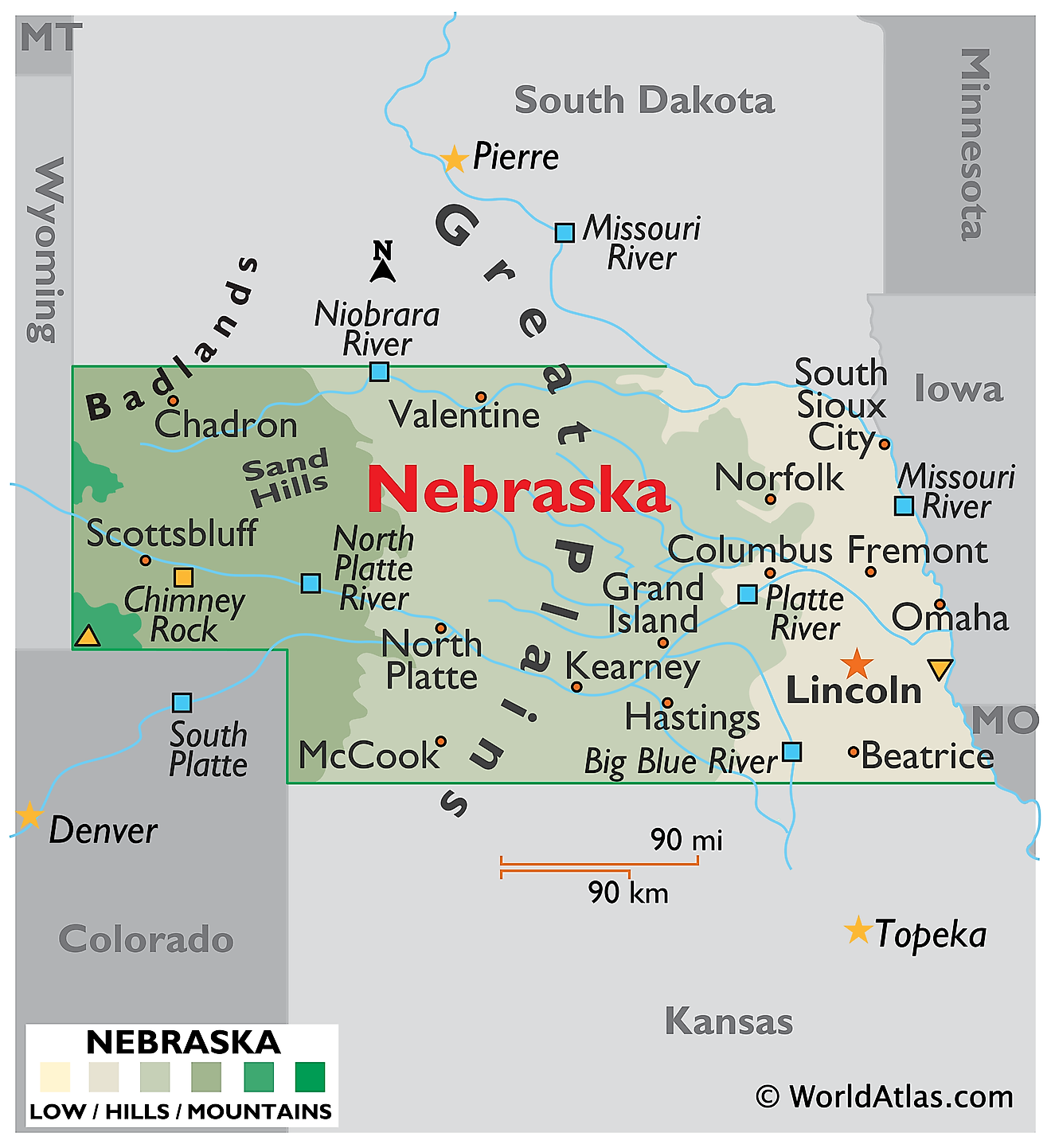 Physical Map of Nebraska. It shows the physical features of Nebraska including its mountain ranges, Great Plains and major rivers. 