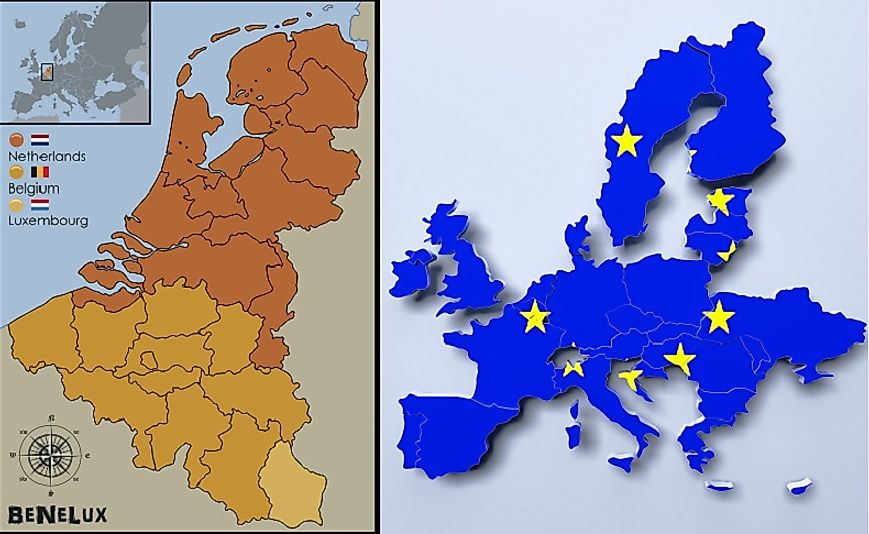 Benelux (left) refers to Belgium, Netherlands, and Luxembourg within the larger European Union (right).