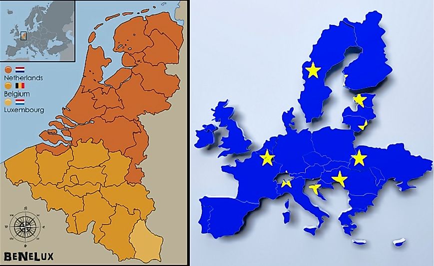 Benelux (left) refers to Belgium, Netherlands, and Luxembourg within the larger European Union (right).