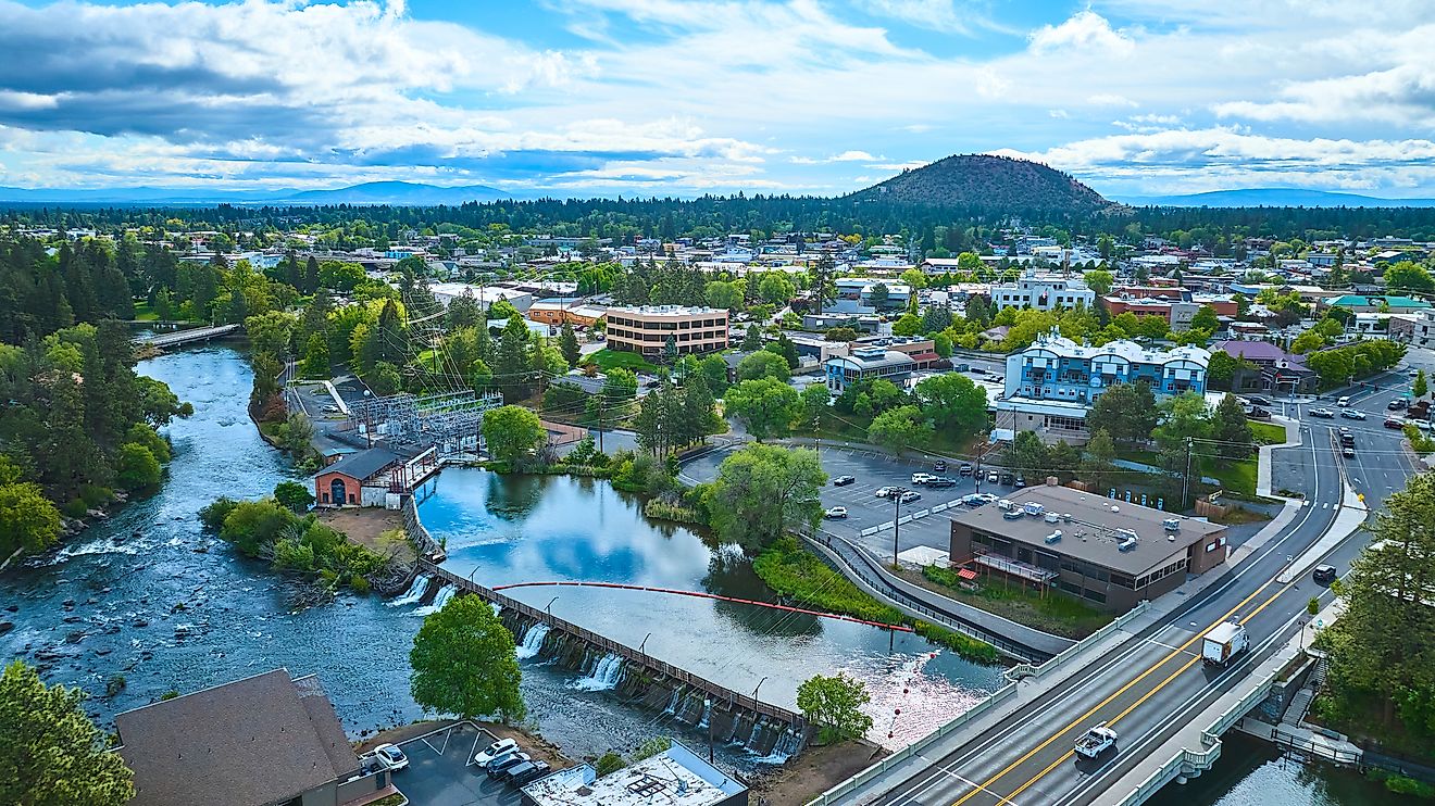 Aerial view of a riverfront community in Bend, Oregon.