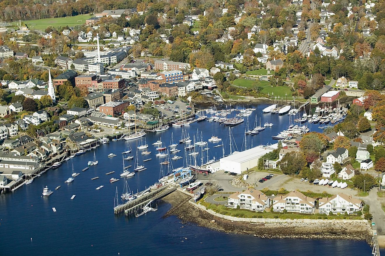 View of boats in the marina at Bar Harbor, Maine.