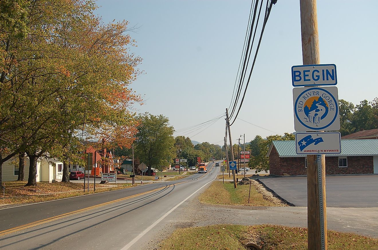 America's Byways sign and Kentucky state byway sign marking the start of the Red River Gorge Scenic Byway in Stanton, Kentucky