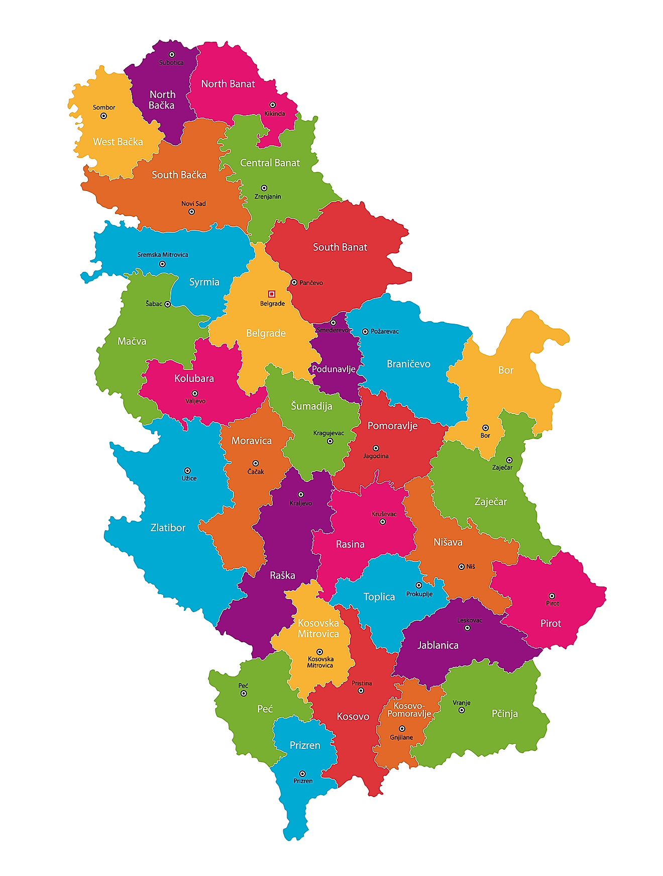 Political Map of Serbia showing its 29 districts,145 municipalities and 29 cities and the capital city of Belgrade