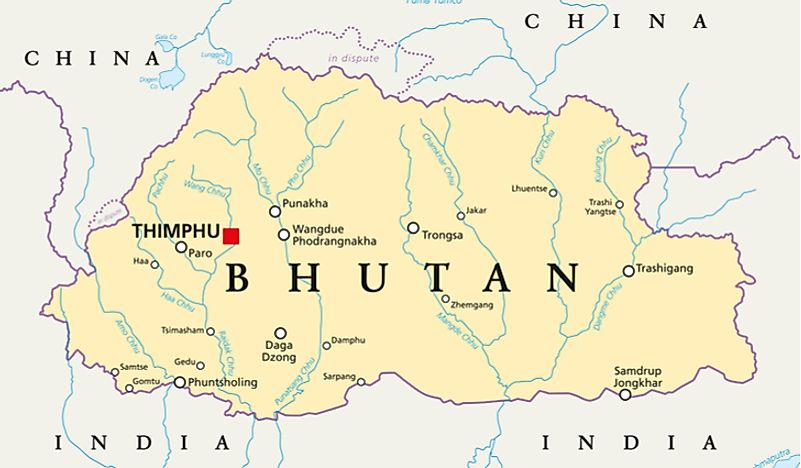 A map showing Bhutan's location in relation to its borders. 