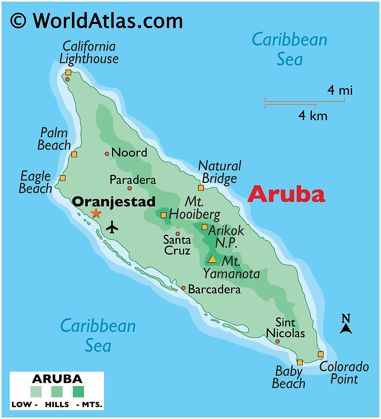 Mapa físico de Aruba que muestra terreno, parques nacionales, playas, punto más alto, etc.