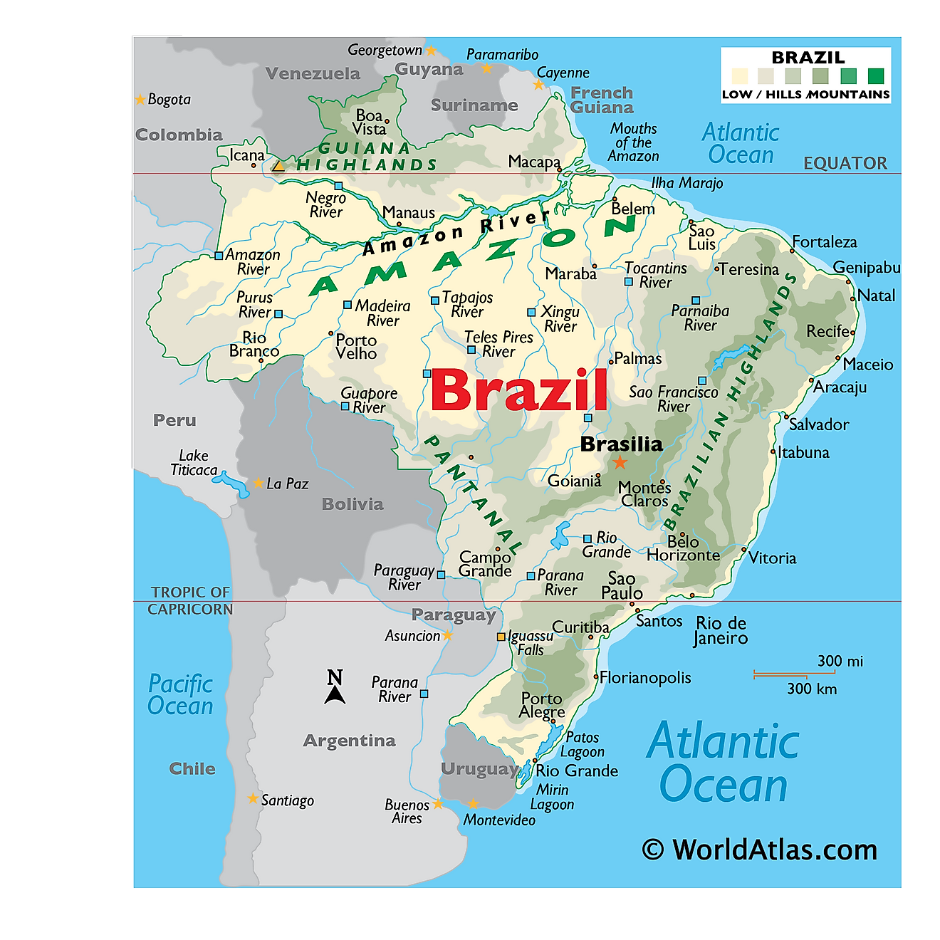 Physical Map of Brazil showing relief, rivers, mountains ranges, major lakes, important cities, bordering countries, and more.