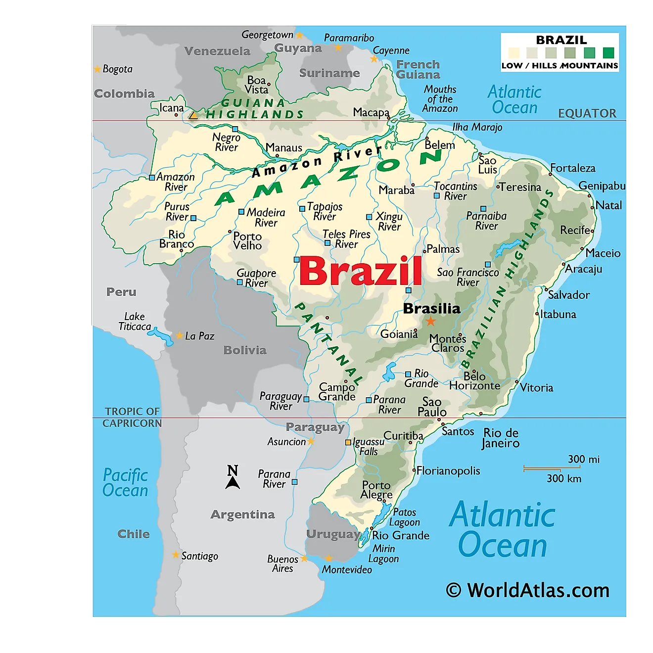 Physical Map of Brazil showing relief, rivers, mountains ranges, major lakes, important cities, bordering countries, and more.