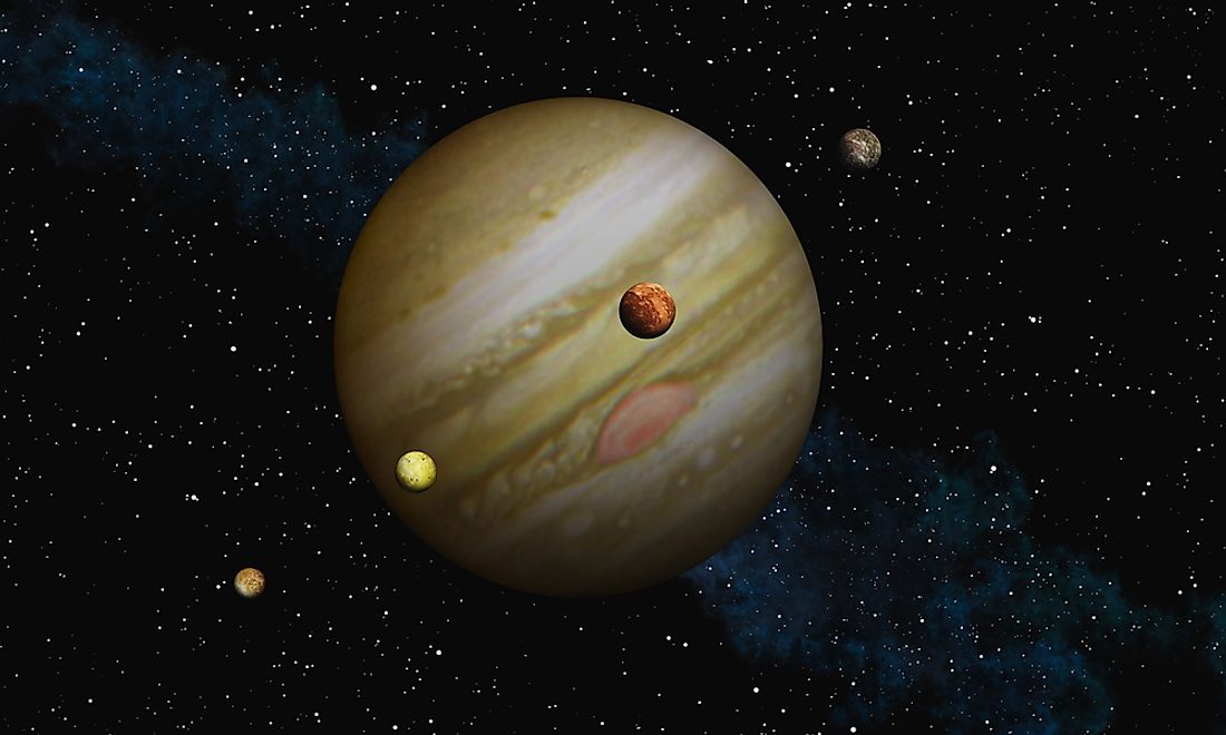 A 3D rendering of Jupiter and some of its moons. 
