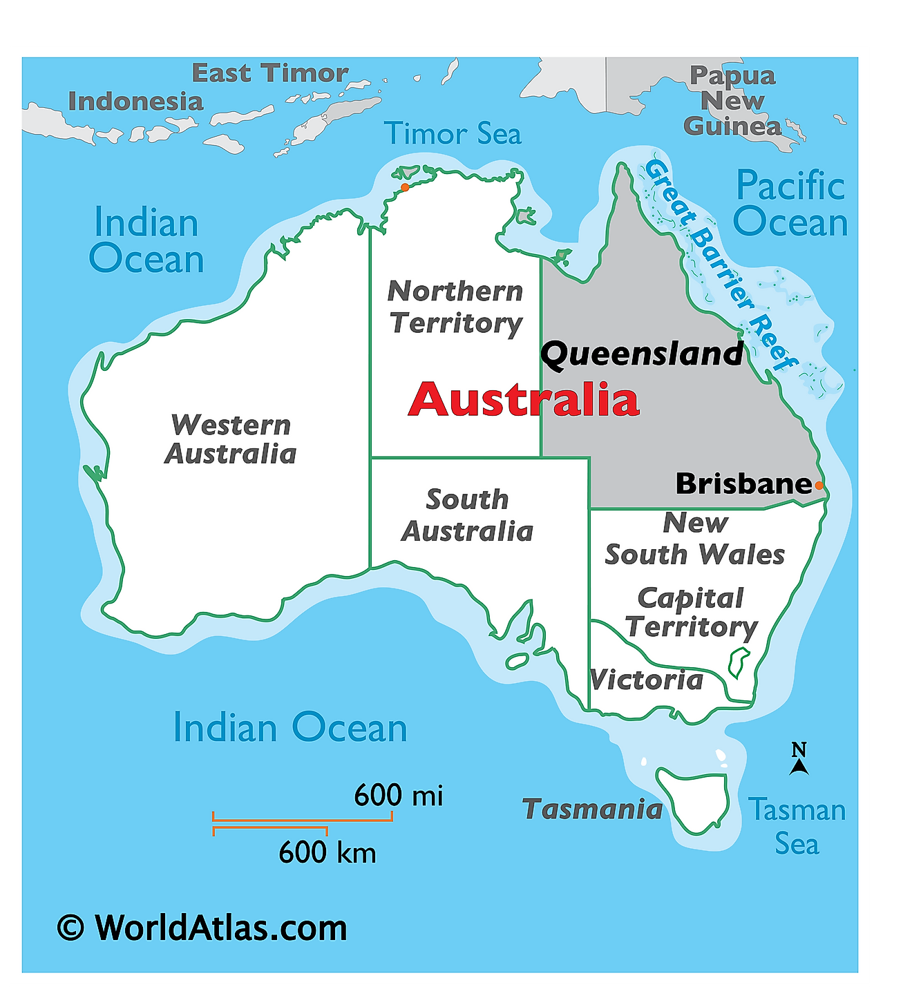 Map showing location of Queensland in the world.