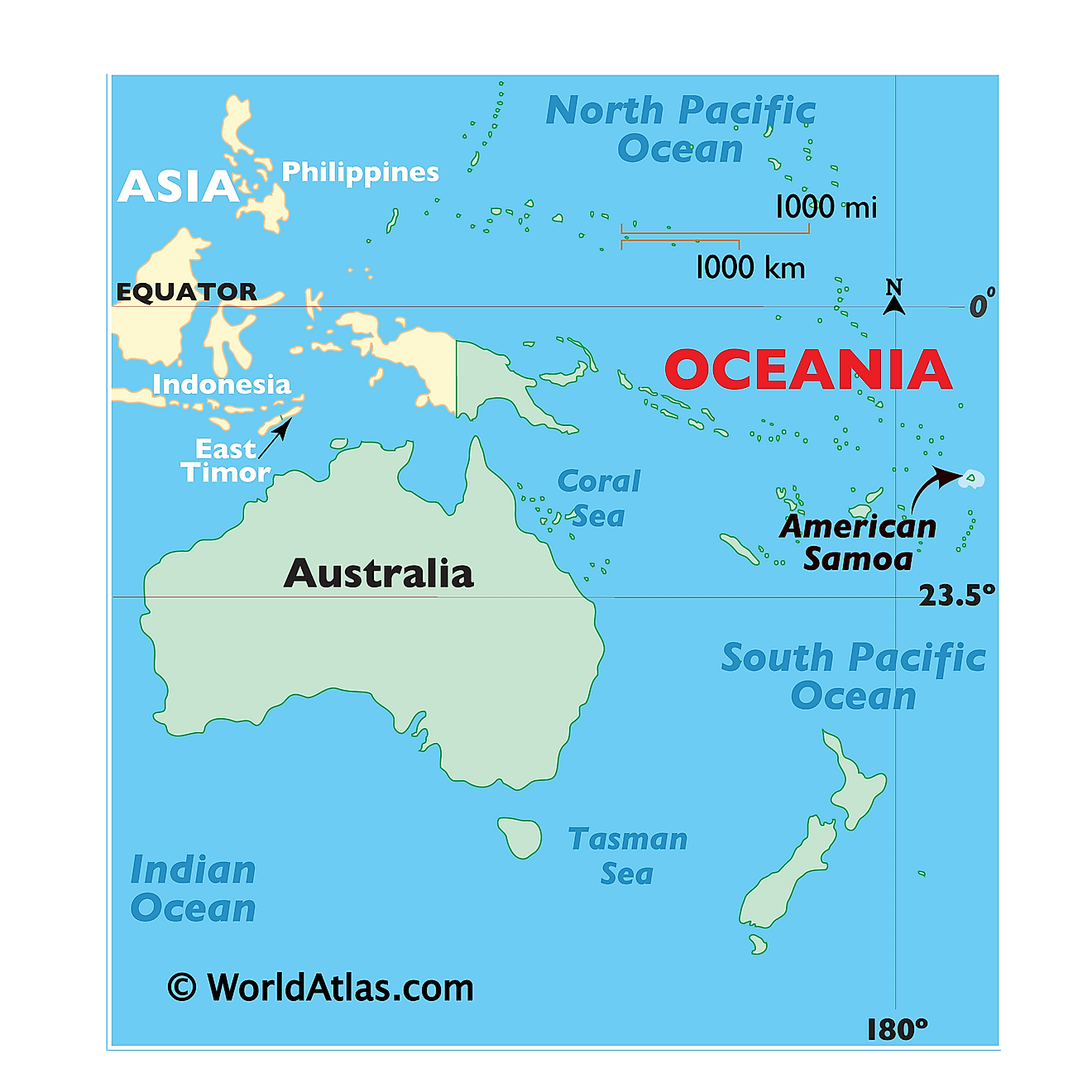 Map showing location of American Samoa in the world.