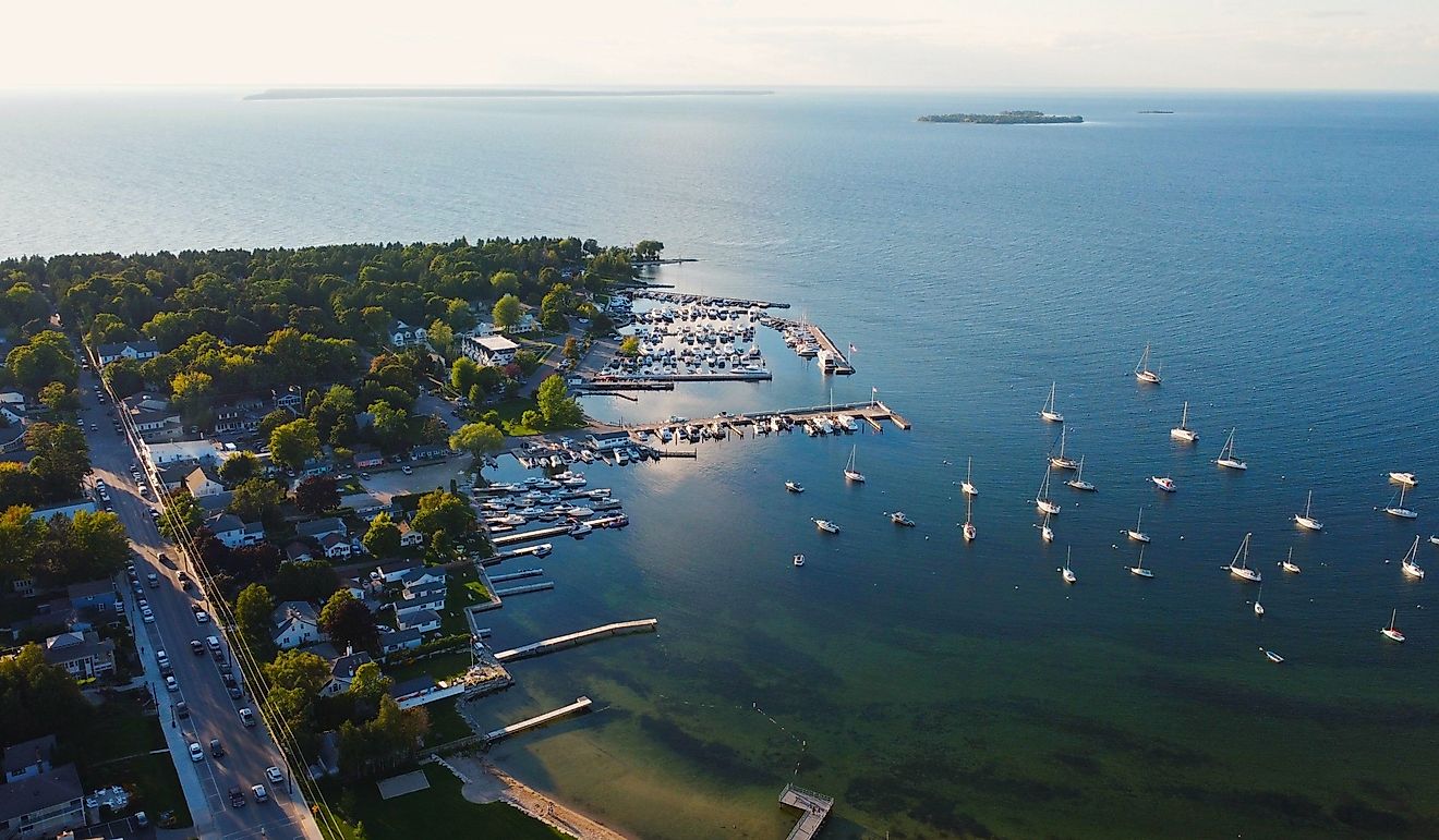 Beautiful aerial sunset on the water in Fish Creek Wisconsin.