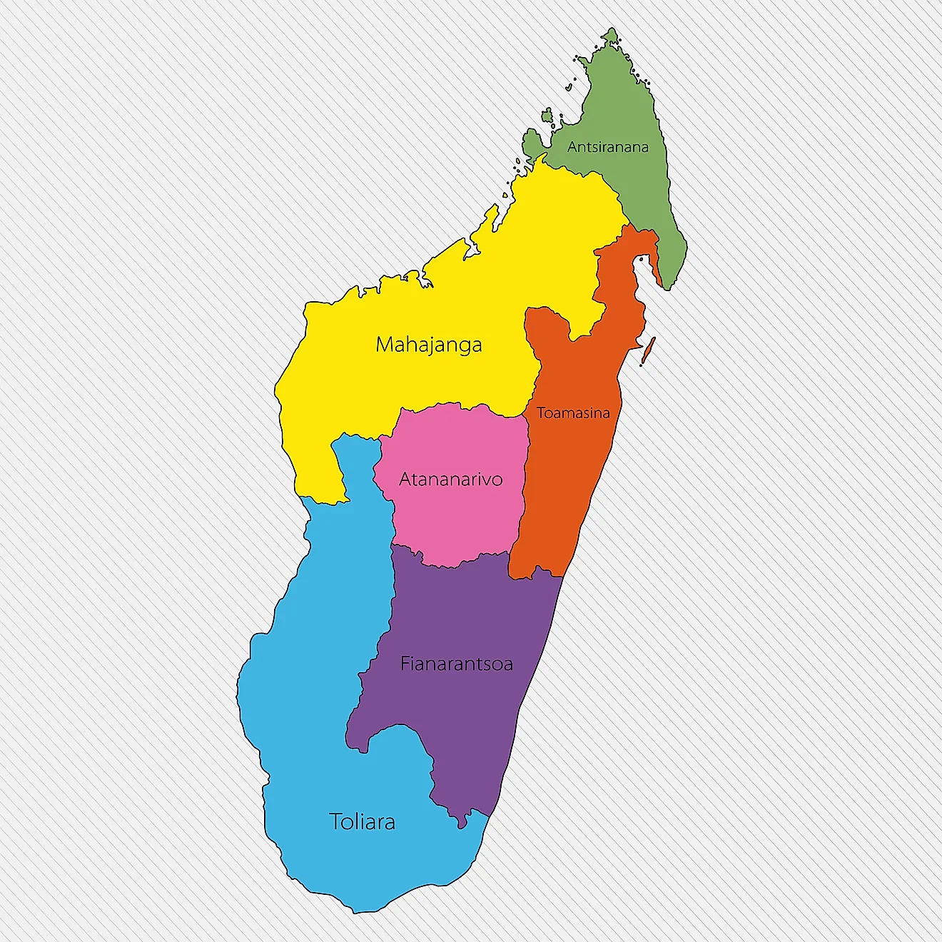 Political Map of Madagascar displaying the 6 provinces and national capital of Antananarivo.