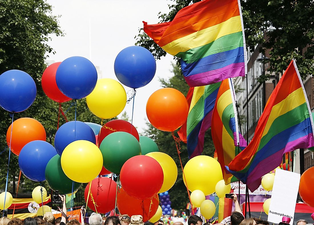 Rainbow flags in London's Gay Pride Parade. 